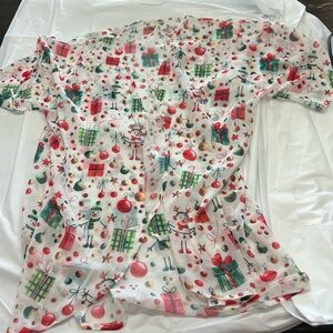 Holiday Print Button-Up Top with Gift & Snowman Motifs